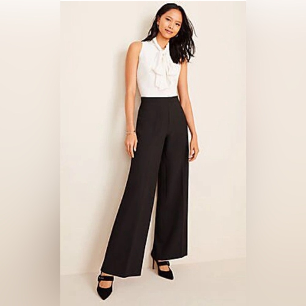 Ann Taylor Two Tone Tie Neck Jumpsuit Wide Leg Ivory